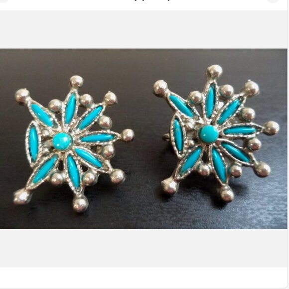 VINTAGE ESTATE PETIT POINT TURQUOISE CLIP EARRINGS 1975 - Picture 1 of 3